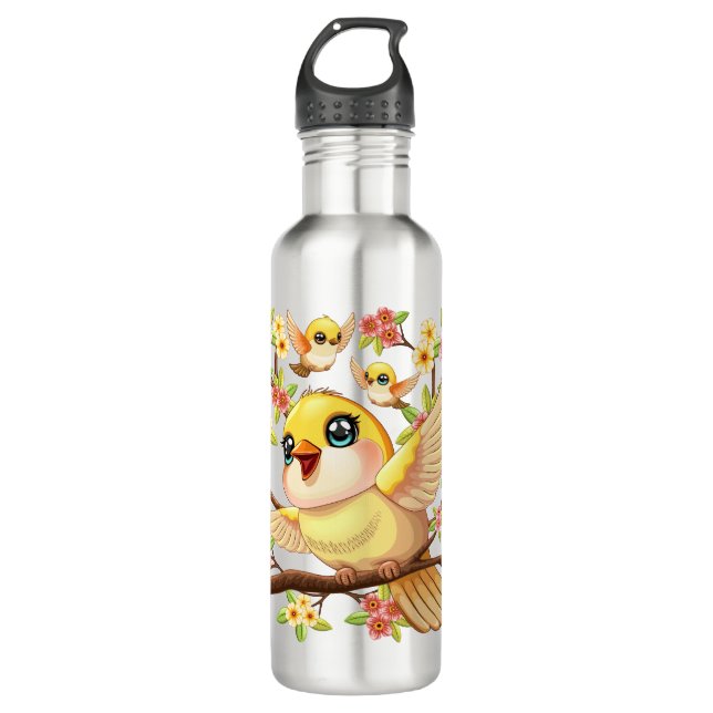 Niedliche und glückliche Vögel unter Frühlingsblum Edelstahlflasche (Vorderseite)