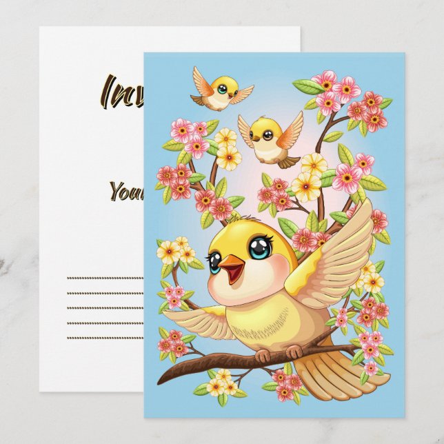 Niedliche und glückliche Vögel unter Frühlingsblum Einladung (Vorne/Hinten)