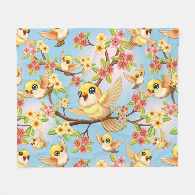 Niedliche und glückliche Vögel unter Frühlingsblum Fleecedecke (Vorderseite (Horizontal))