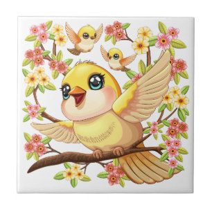 Niedliche und glückliche Vögel unter Frühlingsblum Fliese