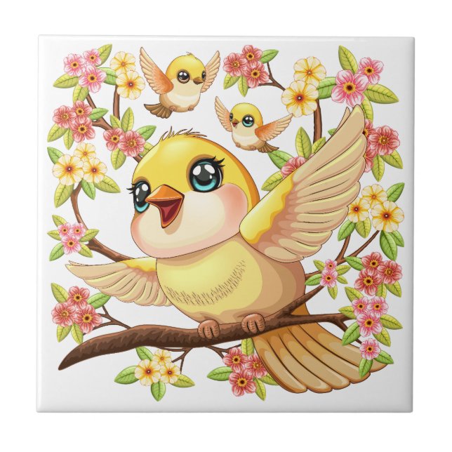 Niedliche und glückliche Vögel unter Frühlingsblum Fliese (Vorderseite)