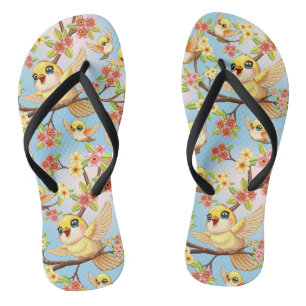 Niedliche und glückliche Vögel unter Frühlingsblum Flip Flops