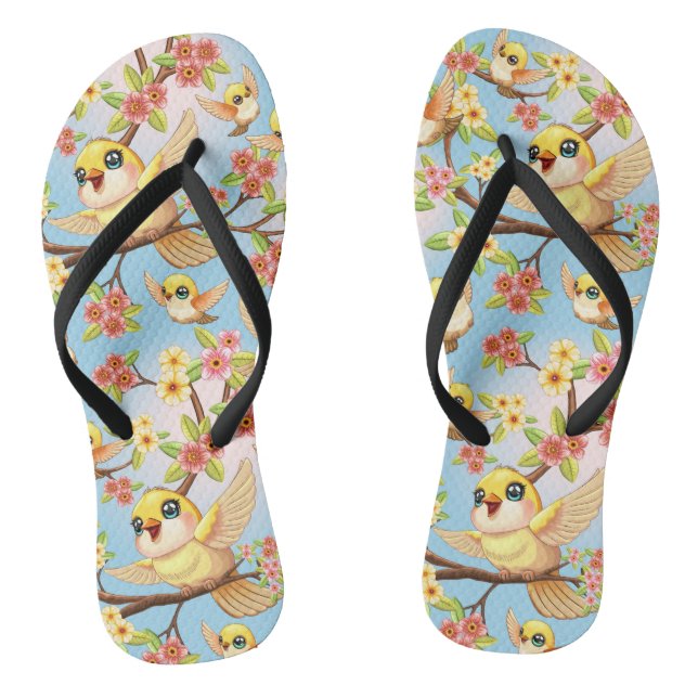 Niedliche und glückliche Vögel unter Frühlingsblum Flip Flops (Fußbett)