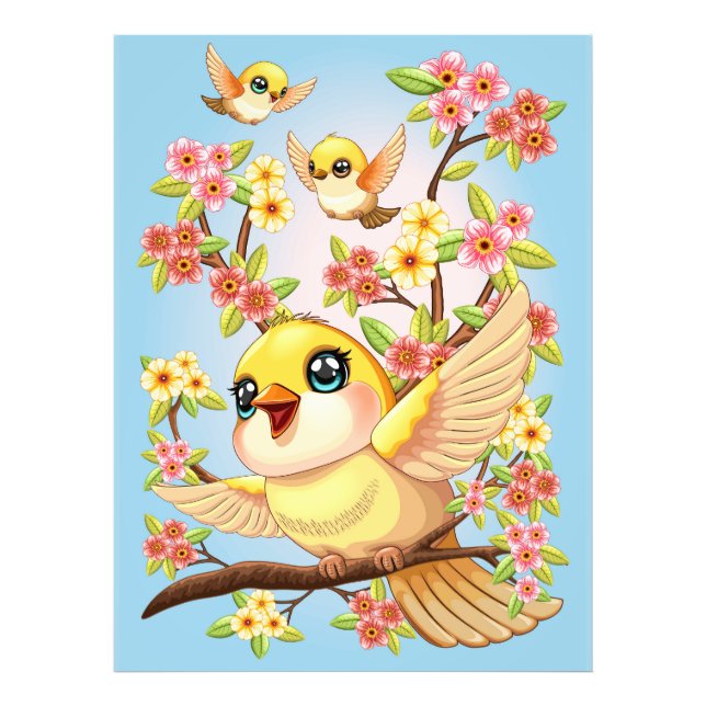 Niedliche und glückliche Vögel unter Frühlingsblum Fotodruck (Vorne)