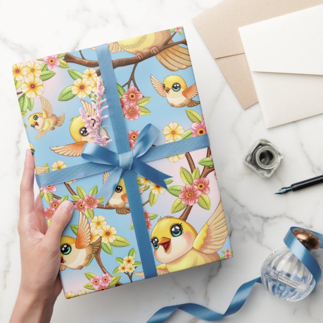 Niedliche und glückliche Vögel unter Frühlingsblum Geschenkpapier (Schenken)