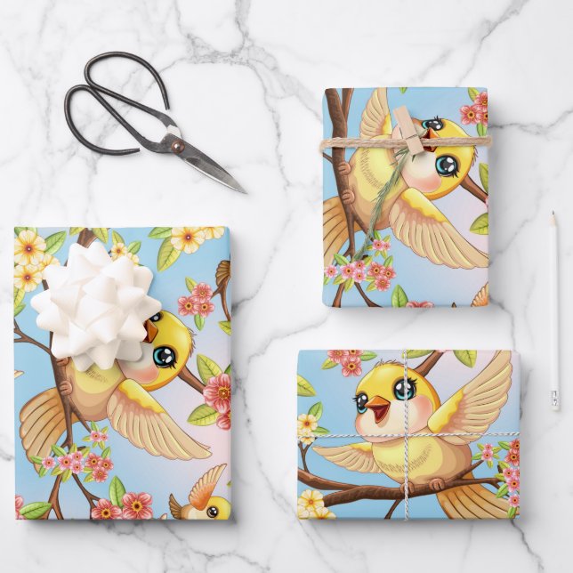Niedliche und glückliche Vögel unter Frühlingsblum Geschenkpapier Set (Vorderseite)