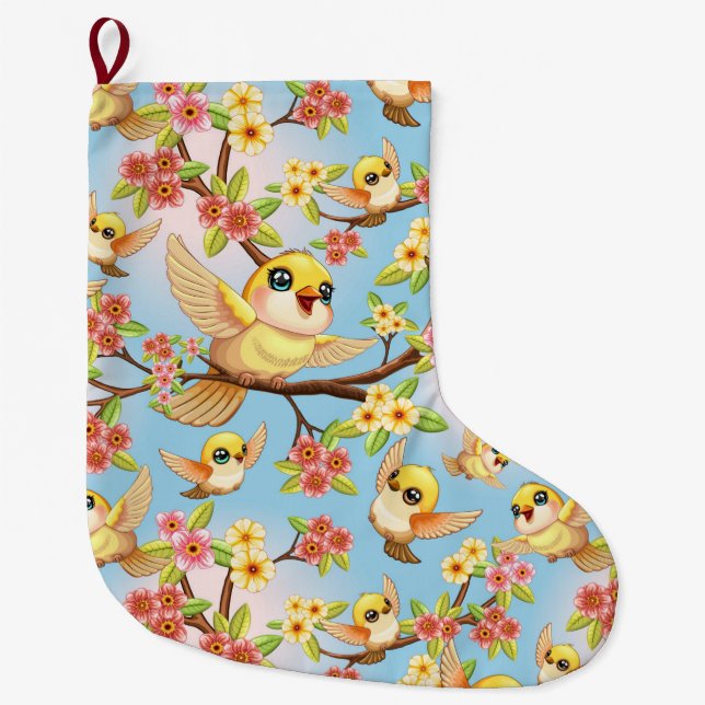 Niedliche und glückliche Vögel unter Frühlingsblum Großer Weihnachtsstrumpf (Vorderseite)