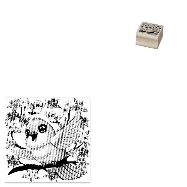 Niedliche und glückliche Vögel unter Frühlingsblum Gummistempel (Stempel)