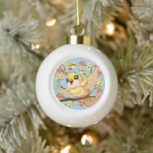Niedliche und glückliche Vögel unter Frühlingsblum Keramik Kugel-Ornament