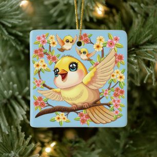 Niedliche und glückliche Vögel unter Frühlingsblum Keramikornament