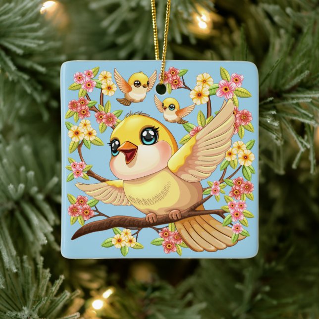 Niedliche und glückliche Vögel unter Frühlingsblum Keramikornament (Baum)