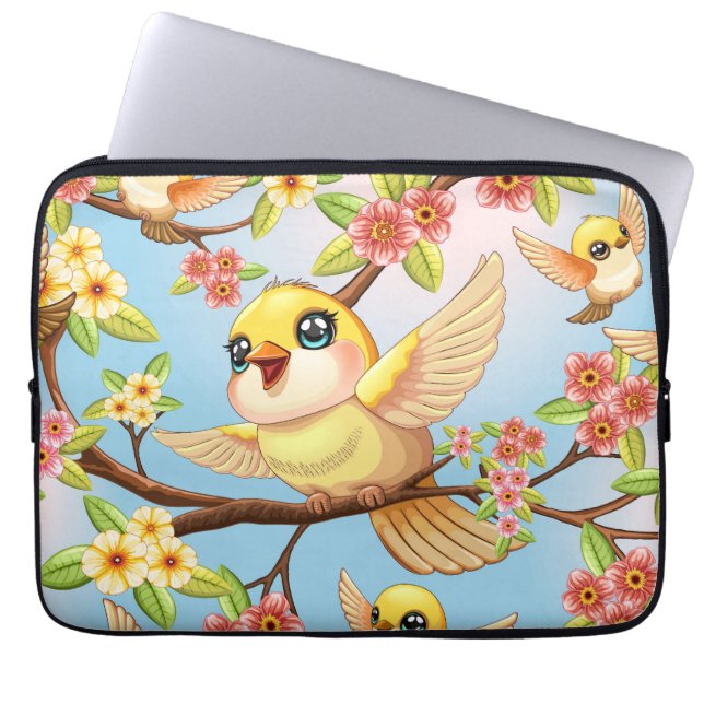 Niedliche und glückliche Vögel unter Frühlingsblum Laptopschutzhülle (Vorderseite)