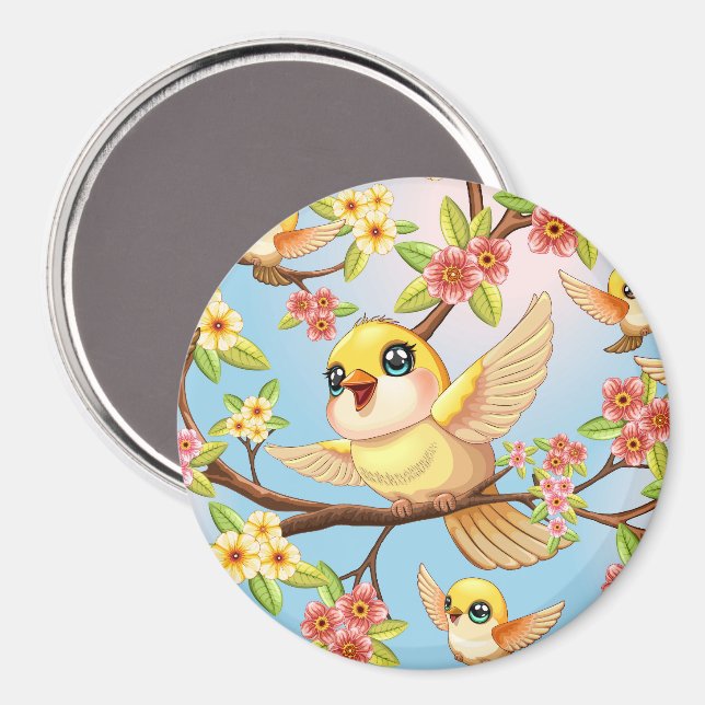 Niedliche und glückliche Vögel unter Frühlingsblum Magnet (Vorderseite/Rückseite)
