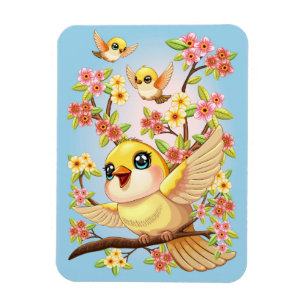 Niedliche und glückliche Vögel unter Frühlingsblum Magnet