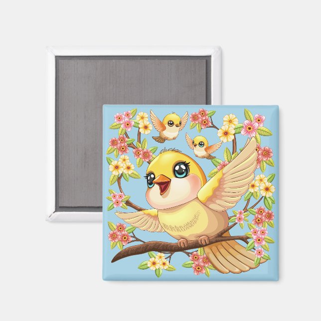 Niedliche und glückliche Vögel unter Frühlingsblum Magnet (Vorderseite/Rückseite)