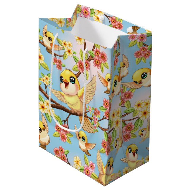 Niedliche und glückliche Vögel unter Frühlingsblum Mittlere Geschenktüte (Vorderseite Schrägansicht)