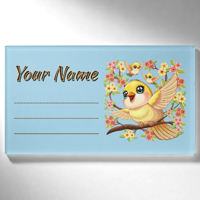 Niedliche und glückliche Vögel unter Frühlingsblum Namenschild (Vorderseite)