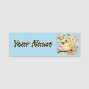 Niedliche und glückliche Vögel unter Frühlingsblum Namensschild