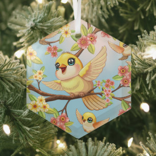Niedliche und glückliche Vögel unter Frühlingsblum Ornament Aus Glas