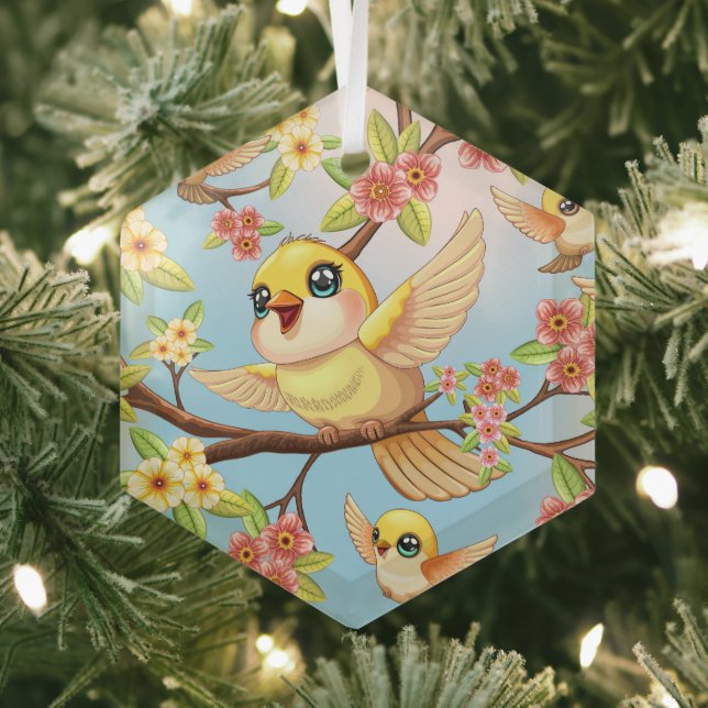 Niedliche und glückliche Vögel unter Frühlingsblum Ornament Aus Glas (Insitu)