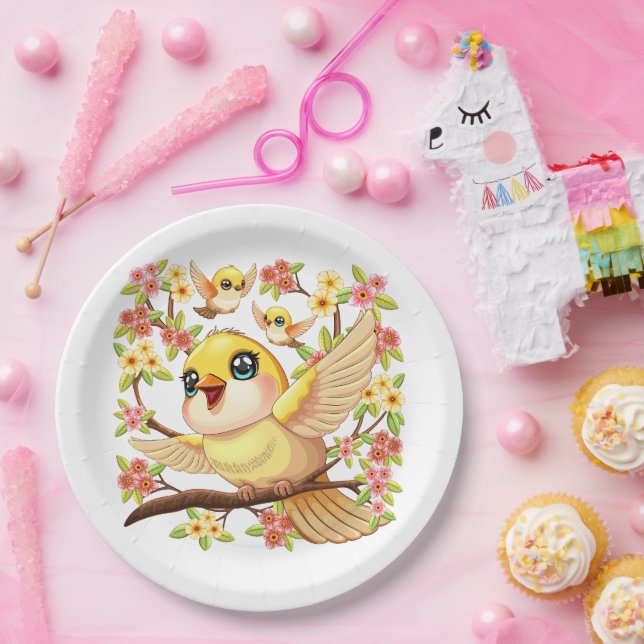 Niedliche und glückliche Vögel unter Frühlingsblum Pappteller (Party)
