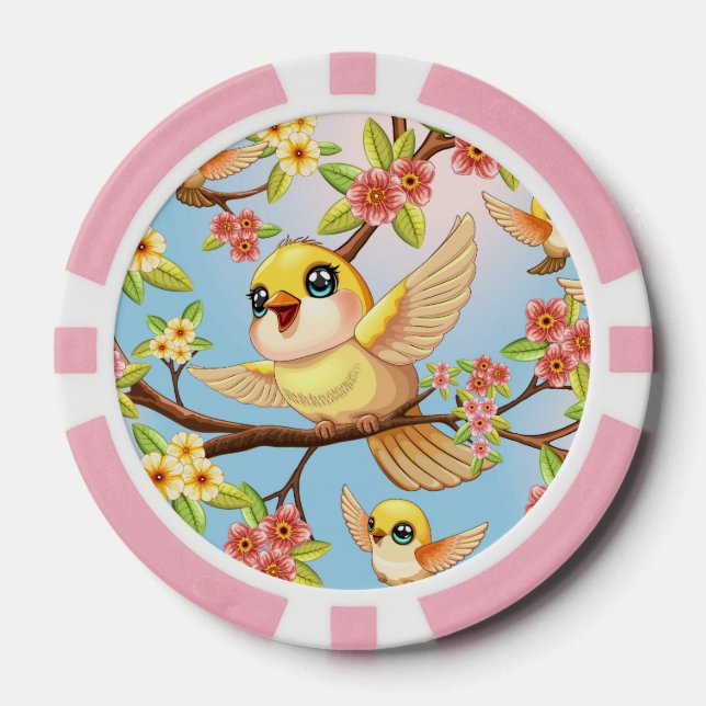 Niedliche und glückliche Vögel unter Frühlingsblum Pokerchips (Vorderseite)