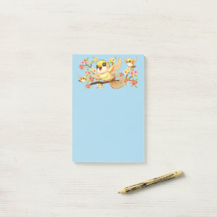 Niedliche und glückliche Vögel unter Frühlingsblum Post-it Klebezettel