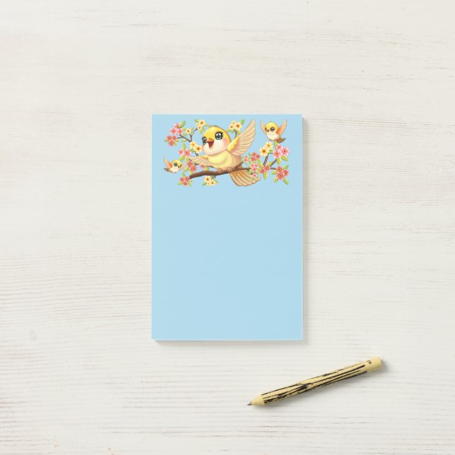 Niedliche und glückliche Vögel unter Frühlingsblum Post-it Klebezettel (Auf Schreibtisch)