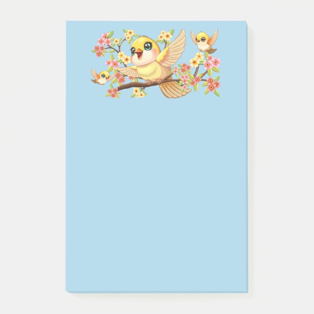 Niedliche und glückliche Vögel unter Frühlingsblum Post-it Klebezettel (Vorderseite)