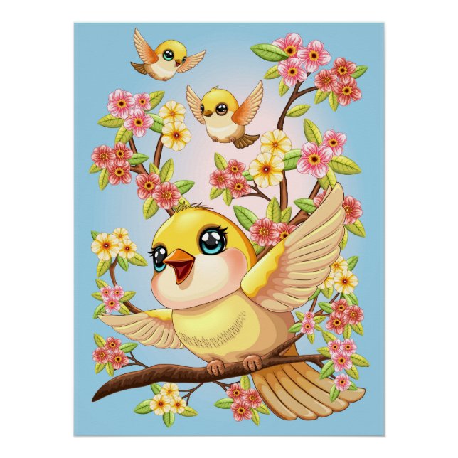 Niedliche und glückliche Vögel unter Frühlingsblum Poster (Vorderseite)