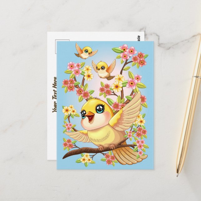 Niedliche und glückliche Vögel unter Frühlingsblum Postkarte (Vorderseite/Rückseite Beispiel)