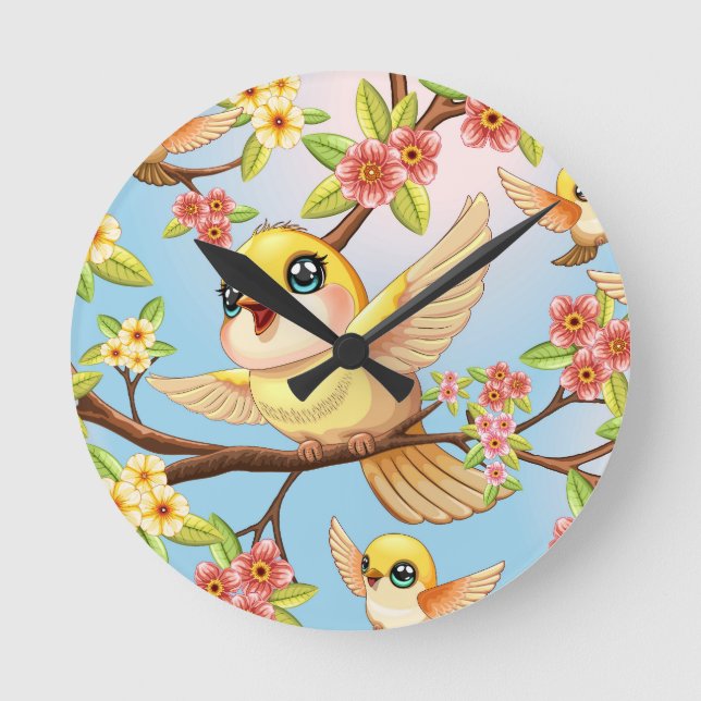 Niedliche und glückliche Vögel unter Frühlingsblum Runde Wanduhr (Vorderseite)