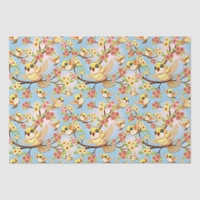 Niedliche und glückliche Vögel unter Frühlingsblum Seidenpapier (Vorderseite)