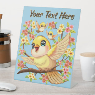 Niedliche und glückliche Vögel unter Frühlingsblum Sockelschild