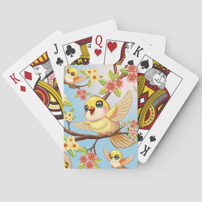Niedliche und glückliche Vögel unter Frühlingsblum Spielkarten (Rückseite)
