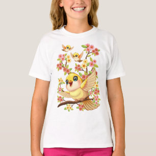 Niedliche und glückliche Vögel unter Frühlingsblum T-Shirt