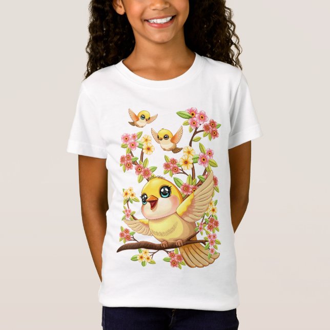 Niedliche und glückliche Vögel unter Frühlingsblum T-Shirt (Vorderseite)