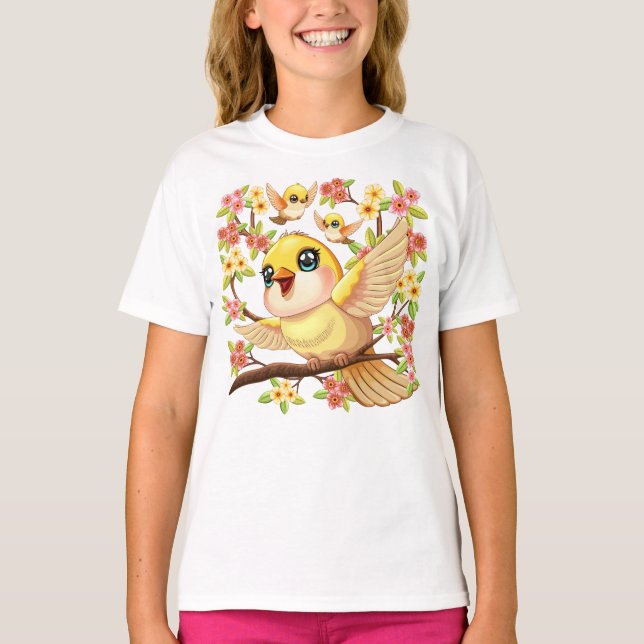 Niedliche und glückliche Vögel unter Frühlingsblum T-Shirt (Vorderseite)