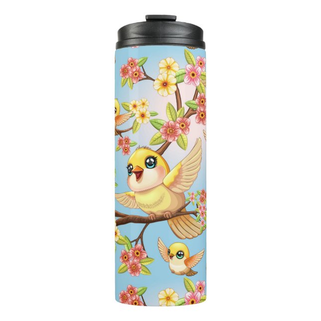 Niedliche und glückliche Vögel unter Frühlingsblum Thermosbecher (Vorderseite)