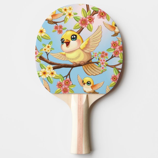 Niedliche und glückliche Vögel unter Frühlingsblum Tischtennis Schläger (Vorderseite)