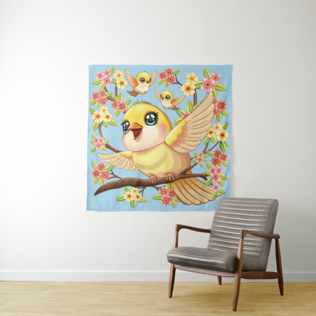 Niedliche und glückliche Vögel unter Frühlingsblum Wandteppich (Beispiel)