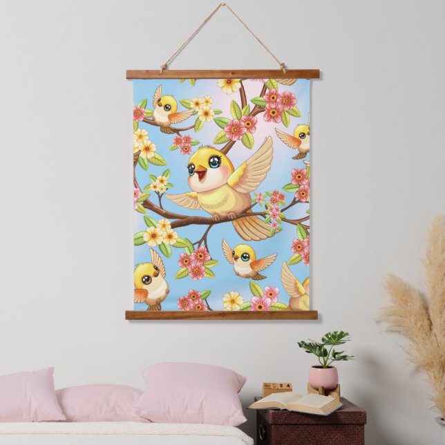Niedliche und glückliche Vögel unter Frühlingsblum Wandteppich Mit Holzrahmen (Schlafzimmer)