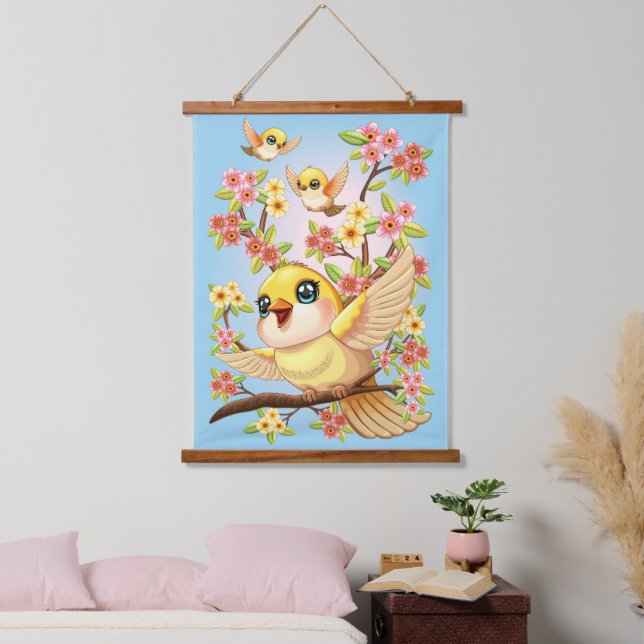 Niedliche und glückliche Vögel unter Frühlingsblum Wandteppich Mit Holzrahmen (Schlafzimmer)