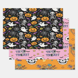 Niedliche und graue Skelette zu Halloween Geschenkpapier Set