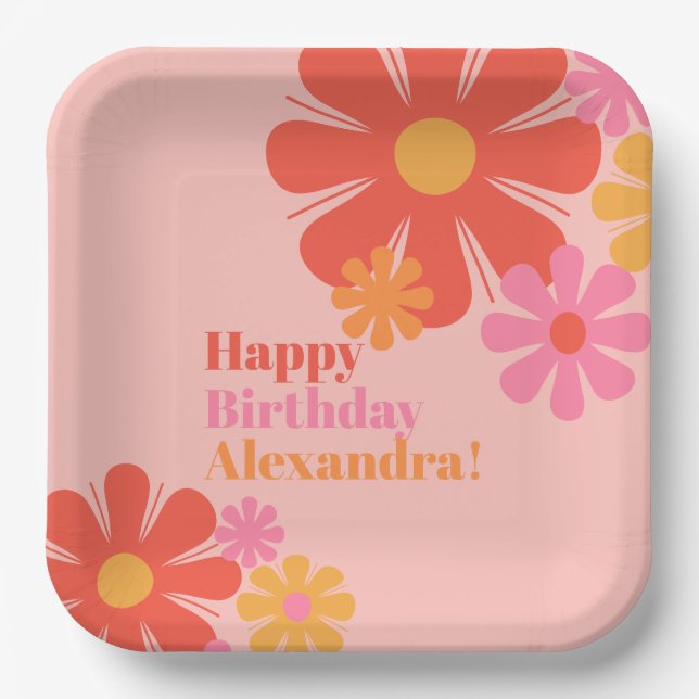 Niedliche und Groovy Retro Blume Happy Birthday Pi Pappteller (Vorderseite)