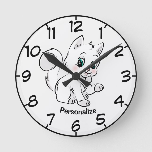 Niedliche und Hübsche Kitten Cartoon Zeichnend Per Runde Wanduhr (Vorderseite)