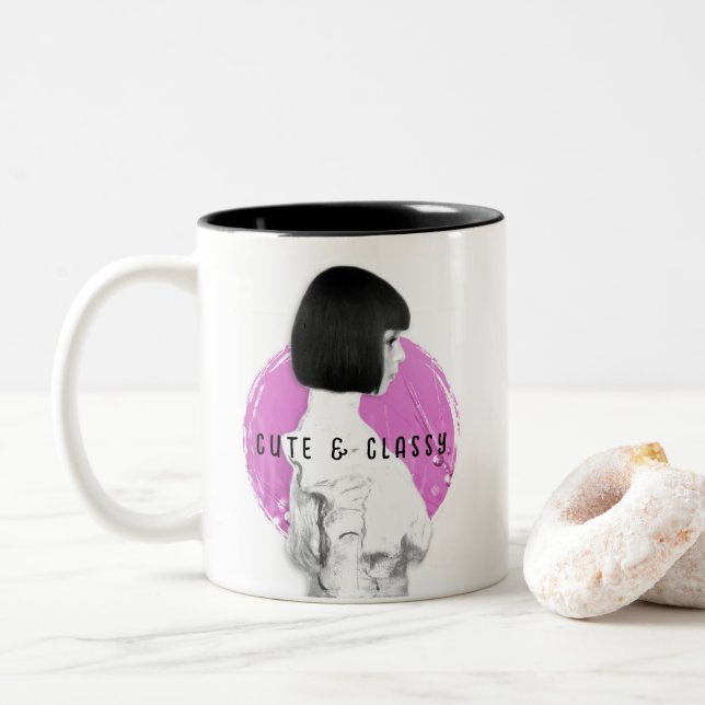 Niedliche und klassische Girl Pink und Black Zweifarbige Tasse (Mit Donut)