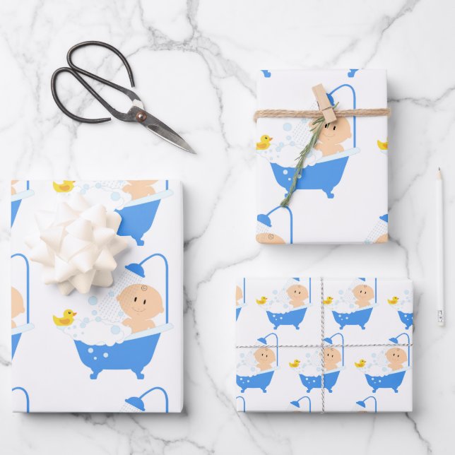 Niedliche und lustige Babydusche Badewanne Gelbe D Geschenkpapier Set (Vorderseite)