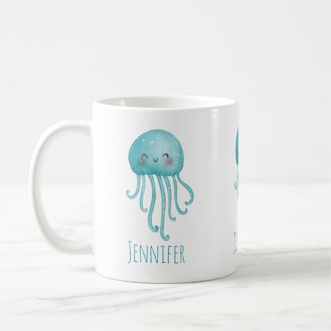 Niedliche und lustige blaugrüne Quallen Kaffeetasse (Links)