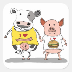 Niedliche und lustige Kuh-und Schwein-Freunde Quadratischer Aufkleber
